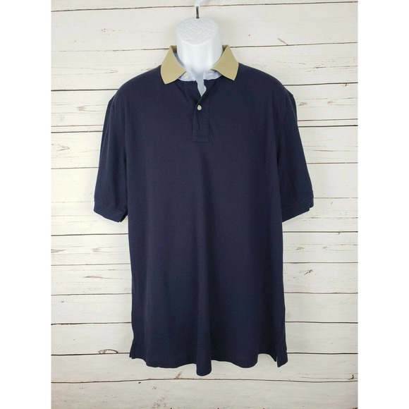 Vintage Lands End Large 42-44 Regular Polo Shirt Mens Short Sleeve Navy Blue Tan - Picture 1 of 8